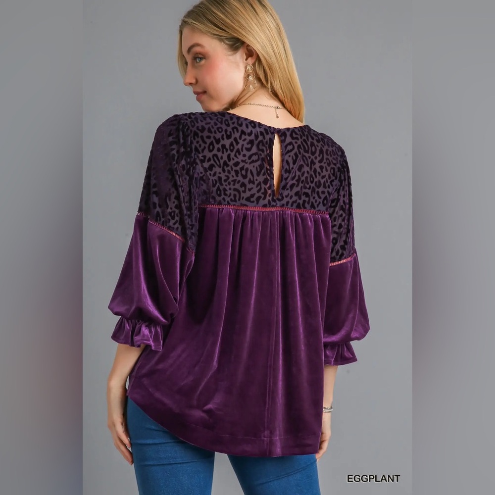 Umgee Purple Velvet Blouse with Animal Print - Picture 4 of 4